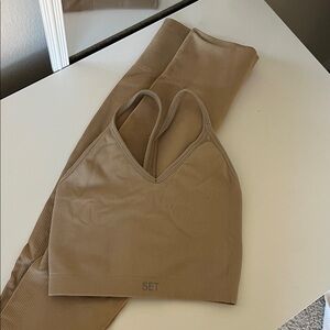 SET Active Seamless Ribbed Bralette & Leggings Set - Taupe